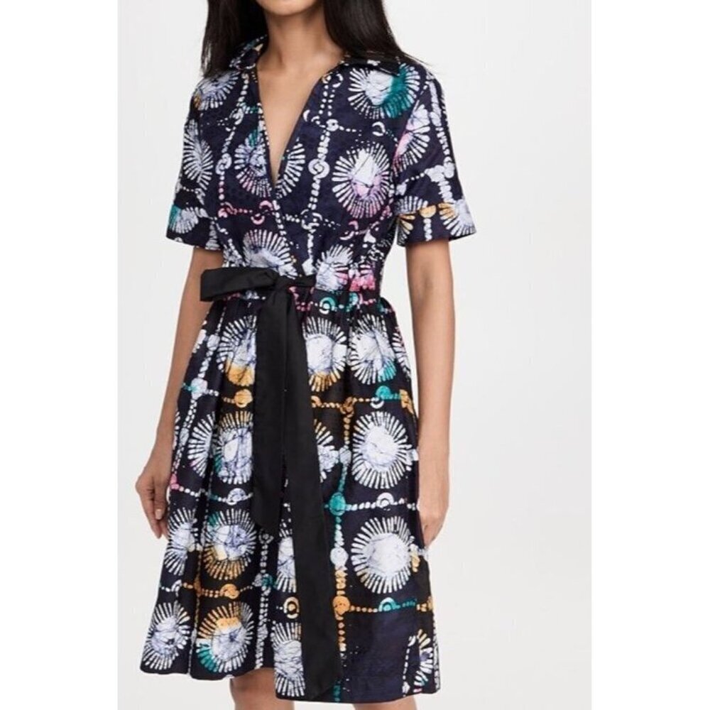 Busayo Dress Sz M Emi Blue Short Sleeve Collared Preppy Maximalist Boho